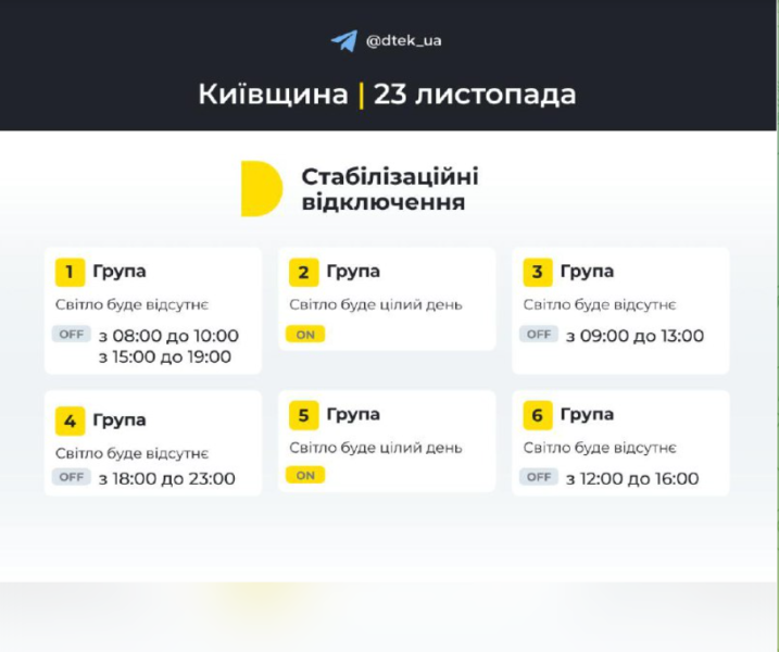 Відключення світла 23 листопада у Києві та області: як діятимуть графіки 