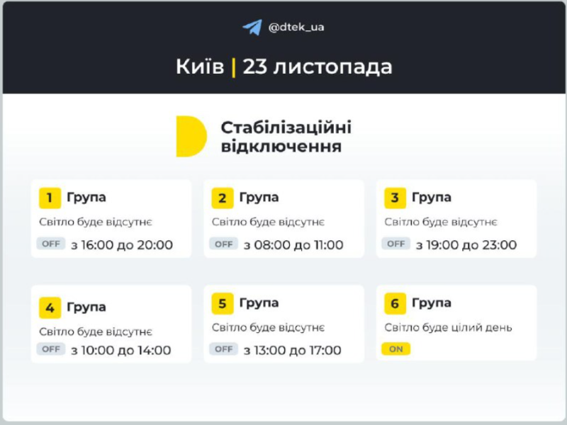 Відключення світла 23 листопада у Києві та області: як діятимуть графіки 