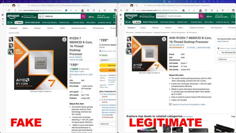 
			Amazon заполонили підробні AMD Ryzen 9800X3D — за $200 під час дефіциту			