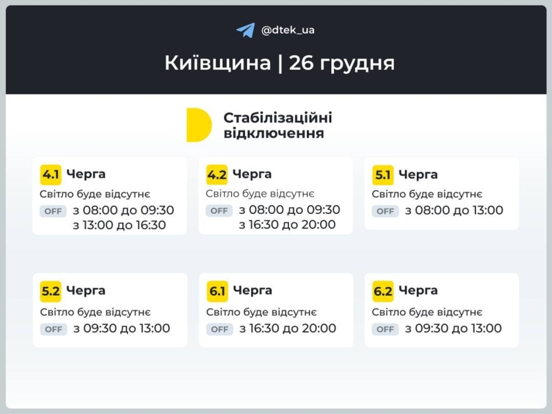 Відключення світла в Києві та області 26 грудня: як діють графіки