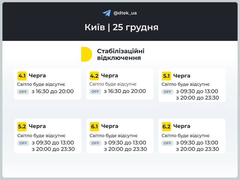 Відключення світла в Києві та області 25 грудня: як діятимуть графіки (оновлено)