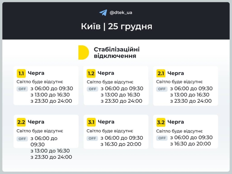 Відключення світла в Києві та області 25 грудня: як діятимуть графіки (оновлено)