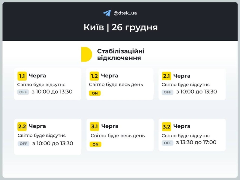 Відключення світла в Києві та області 26 грудня: як діють графіки