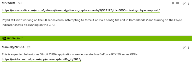 
			NVIDIA прибирає PhysX 32-біт в RTX 50 — ранні Borderlands, Metro, Mafia та ще десятки ігор залишаться без ефектів			